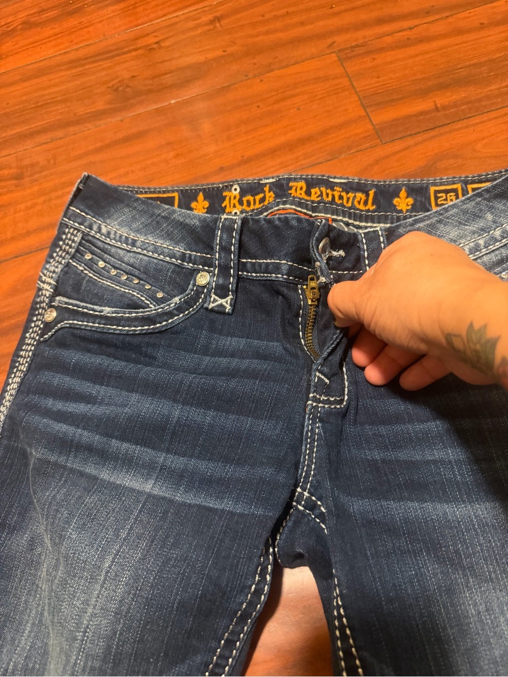 Rock Revival Indigo Boot Cut Jeans with White Contrast Stitching - Picture 7 of 13